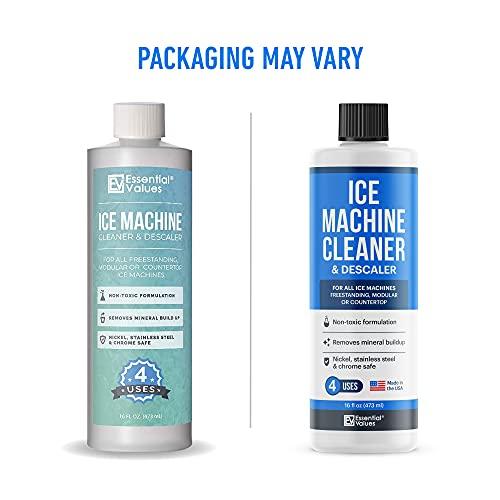 Essential Values Ice Machine Cleaner 16 fl oz, Nickel Safe Descaler | Ice Maker Cleaner Compatible with: Whirlpool 4396808, Manitowac, Ice-O-Matic, Scotsman, Follett & more! - Made in USA