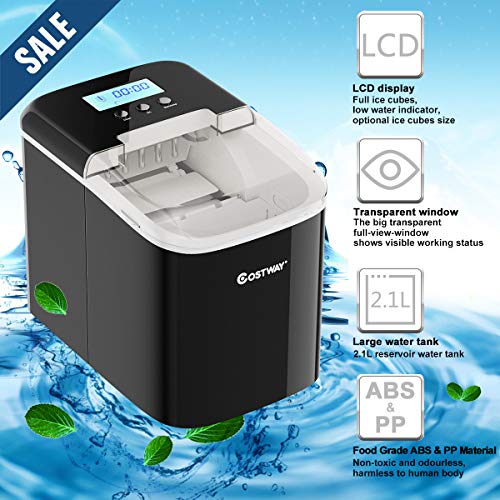 COSTWAY Countertop Ice Maker, 26LBS/24H with Self-clean Function, LCD Display, 9 Bullet Ice / 7 Mins, Portable and Compact Ice Machine with Ice Scoop, for Homes, Offices, Restaurants, Bars, Black