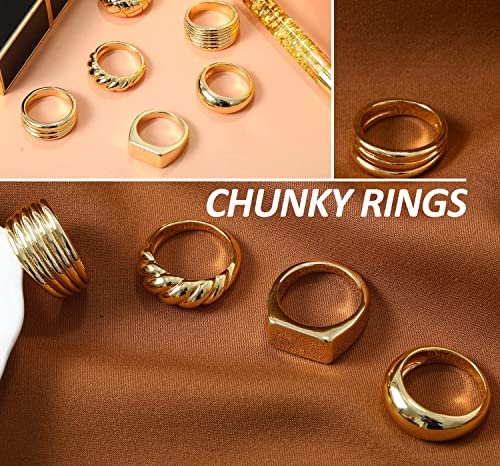 6PCS 18K Gold Plated Thick Dome Chunky Rings for Women Girls Braided Twisted Signet Chunky Gold Ring Set Minimalist Statement Ring Jewelry Size 5-9