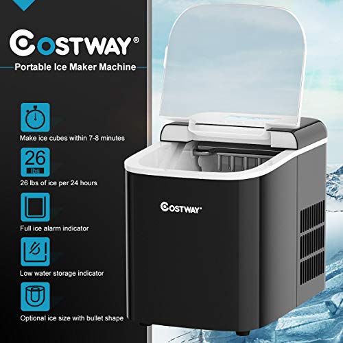 COSTWAY Countertop Ice Maker, 26LBS/24H with Self-clean Function, LCD Display, 9 Bullet Ice / 7 Mins, Portable and Compact Ice Machine with Ice Scoop, for Homes, Offices, Restaurants, Bars, Black