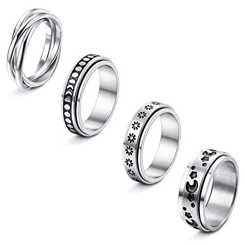 LOYALLOOK 4PCS Stainless Steel Spinner Rings for Women Men Spinner Fidget Band Cool Rings Moon Star Sun Stress Relieving Rings Wedding Promise Rings