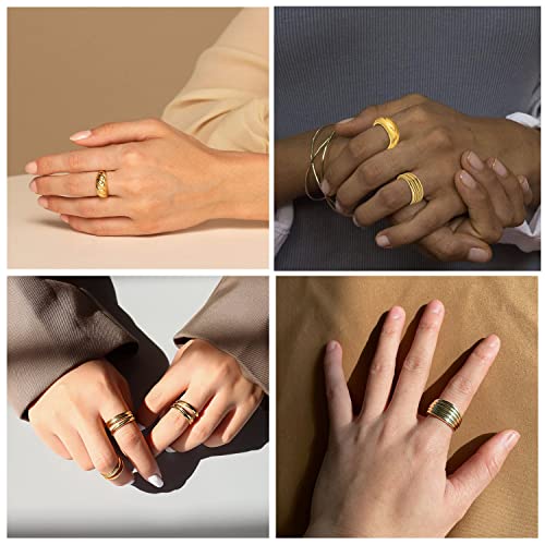 6PCS 18K Gold Plated Thick Dome Chunky Rings for Women Girls Braided Twisted Signet Chunky Gold Ring Set Minimalist Statement Ring Jewelry Size 5-9