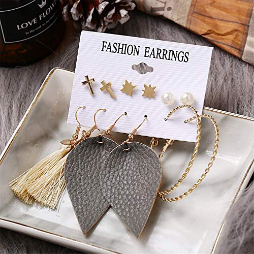 36 Pairs Fashion Tassel Earrings Set for Women Girls Bohemian Acrylic Hoop Stud Drop Dangle Earring Leather Leaf Earrings for Birthday/Party/Christmas/Friendship Gifts
