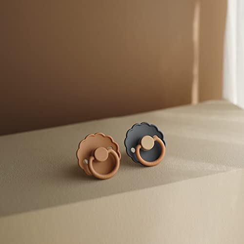 FRIGG Daisy Natural Rubber Baby Pacifier | Made in Denmark | BPA-Free (Graphite/Peach Bronze, 0-6 Months)