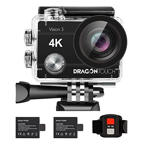 Dragon Touch 4K Action Camera 16MP Vision 3 Underwater Waterproof Camera PC Webcam 170° Wide Angle WiFi Sports Cam with Remote 2 Batteries and Mounting Accessories Kit