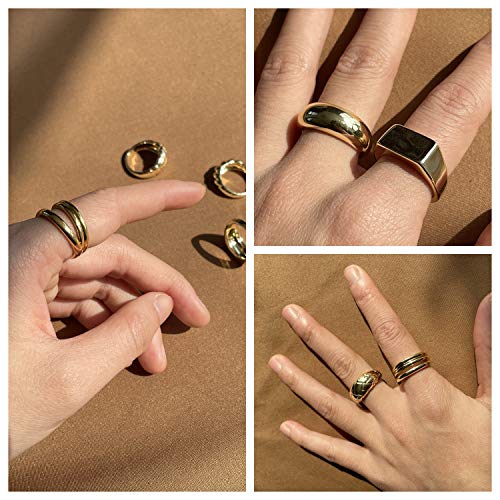 6PCS 18K Gold Plated Thick Dome Chunky Rings for Women Girls Braided Twisted Signet Chunky Gold Ring Set Minimalist Statement Ring Jewelry Size 5-9