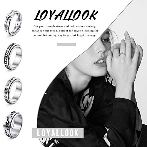 LOYALLOOK 4PCS Stainless Steel Spinner Rings for Women Men Spinner Fidget Band Cool Rings Moon Star Sun Stress Relieving Rings Wedding Promise Rings