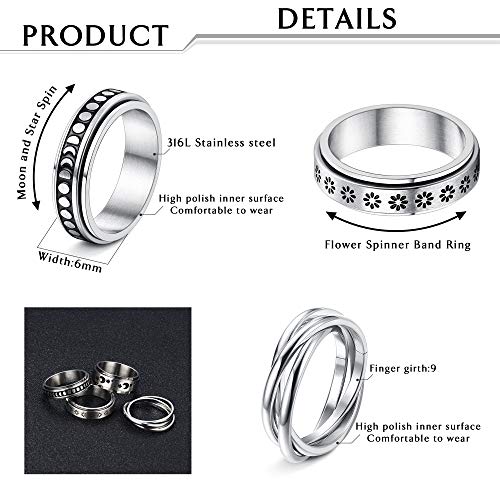 LOYALLOOK 4PCS Stainless Steel Spinner Rings for Women Men Spinner Fidget Band Cool Rings Moon Star Sun Stress Relieving Rings Wedding Promise Rings