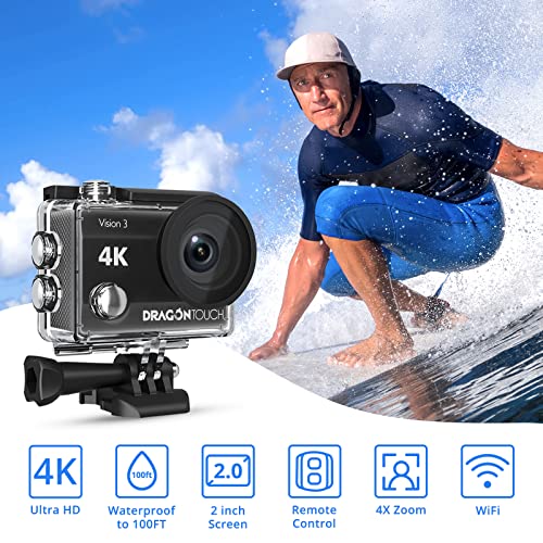Dragon Touch 4K Action Camera 16MP Vision 3 Underwater Waterproof Camera PC Webcam 170° Wide Angle WiFi Sports Cam with Remote 2 Batteries and Mounting Accessories Kit