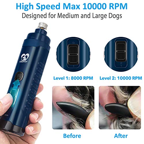 Casfuy Dog Nail Grinder with 2 LED Light - [Enhanced 4.8V Motor 3X More Powerful] 2-Speed Rechargeable Electric Pet Nail Trimmer for Medium Large Dogs Quiet Painless Paws Grooming & Smoothing Tool