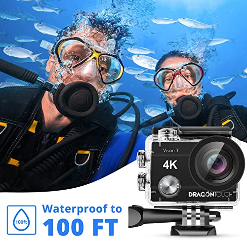 Dragon Touch 4K Action Camera 16MP Vision 3 Underwater Waterproof Camera PC Webcam 170° Wide Angle WiFi Sports Cam with Remote 2 Batteries and Mounting Accessories Kit