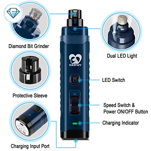 Casfuy Dog Nail Grinder with 2 LED Light - [Enhanced 4.8V Motor 3X More Powerful] 2-Speed Rechargeable Electric Pet Nail Trimmer for Medium Large Dogs Quiet Painless Paws Grooming & Smoothing Tool