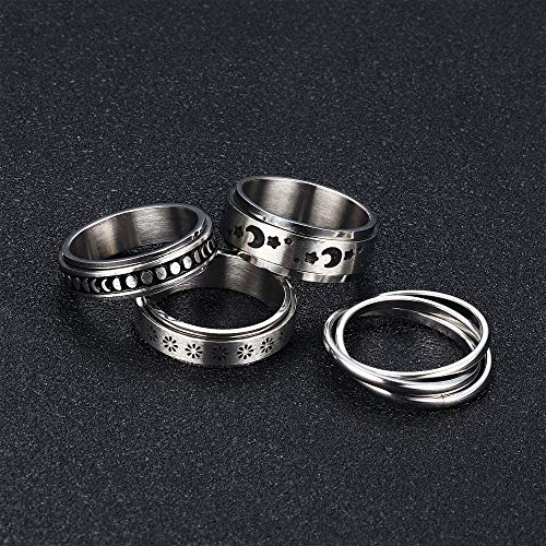 LOYALLOOK 4PCS Stainless Steel Spinner Rings for Women Men Spinner Fidget Band Cool Rings Moon Star Sun Stress Relieving Rings Wedding Promise Rings