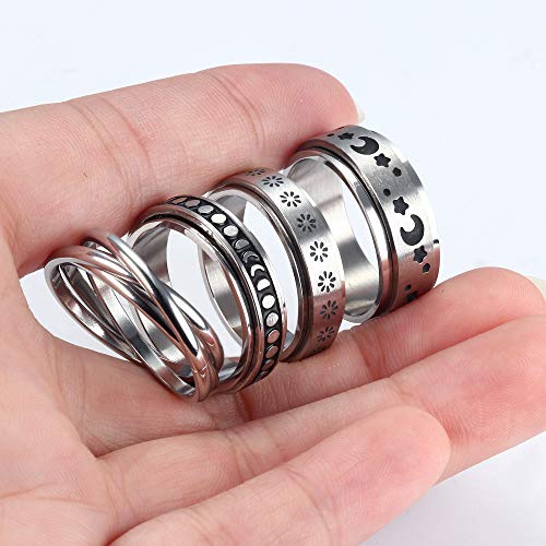 LOYALLOOK 4PCS Stainless Steel Spinner Rings for Women Men Spinner Fidget Band Cool Rings Moon Star Sun Stress Relieving Rings Wedding Promise Rings
