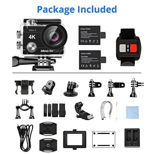 Dragon Touch 4K Action Camera 16MP Vision 3 Underwater Waterproof Camera PC Webcam 170° Wide Angle WiFi Sports Cam with Remote 2 Batteries and Mounting Accessories Kit