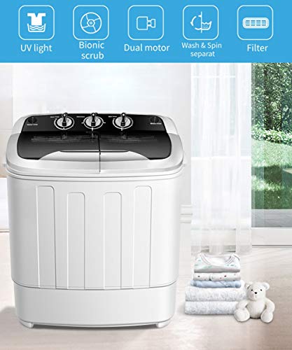 Portable Washing Machine,Safeplus Compact Mini Twin Tub Versatile Washer and spin Dryer with 8 lbs Washing &5 lbs Spin Dryer Load Cappacity Gravity Drain Pump and Drain Hose for apartments (Black)