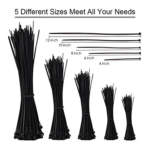 Cable Zip Ties,500 Packs Self-Locking 4+6+8+10+12-Inch Width 0.16inch Nylon Cable Ties,Perfect for Home,Office,Garage and Workshop (Black)