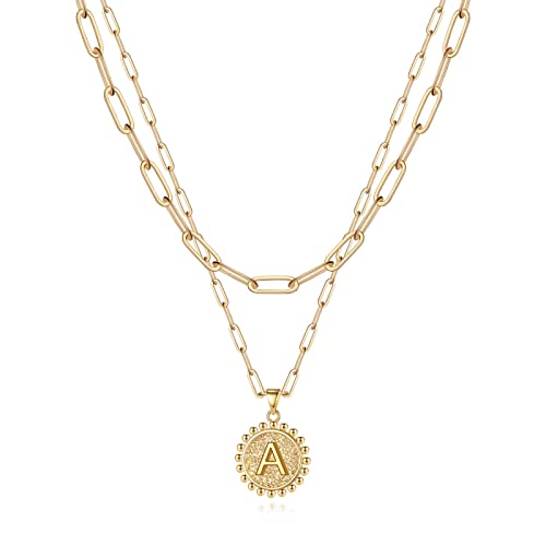 Gold Necklaces for Women, 14K Gold Plated Layering Necklace Paperclip Link Choker Chain Necklace Personalized Layered Necklaces for Women Disc Initial Pendant A Layered Gold Necklaces for Women