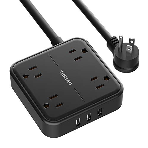 Flat Plug Power Strip with 3 USB Ports, TESSAN 4 Outlet Extension Cord Wall Mount Charging Station 5 ft Cord, Small Size for Desktop, College Dorm Room Essentials, Office, Black