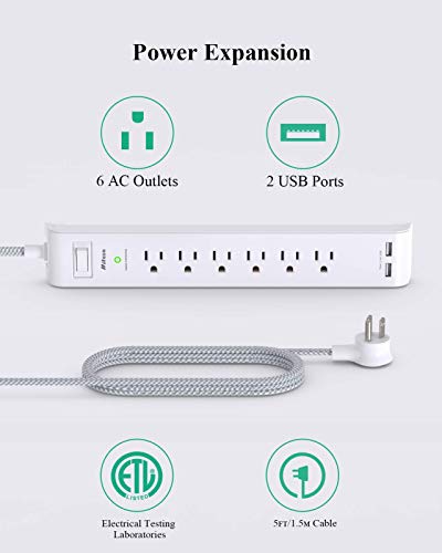 2 Pack Power Strip Surge Protector - 6 Outlets 2 USB Ports 5Ft Long Extension Cords, Flat Plug Overload Protection Outlet Strip, 900 Joules, Wall Mount for Home, Office and Dorm Essential, ETL Listed
