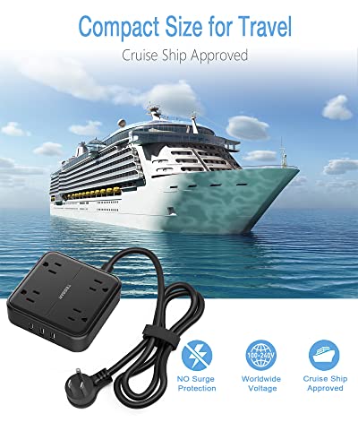 Flat Plug Power Strip with 3 USB Ports, TESSAN 4 Outlet Extension Cord Wall Mount Charging Station 5 ft Cord, Small Size for Desktop, College Dorm Room Essentials, Office, Black
