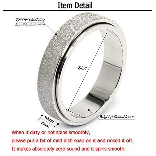 Titanium Stainless Steel Anxiety Ring Fidget Spinner Ring for Women Men Size 8 Width 6MM Silver Sand Blasted Finished