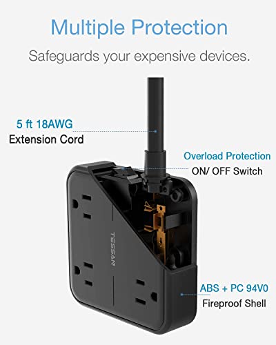 Flat Plug Power Strip with 3 USB Ports, TESSAN 4 Outlet Extension Cord Wall Mount Charging Station 5 ft Cord, Small Size for Desktop, College Dorm Room Essentials, Office, Black