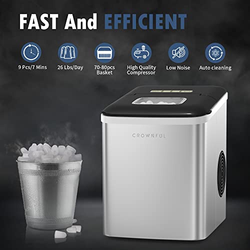 Crownful Ice Maker Machine for Countertop, 9 Ice Cubes Ready in 8-10 Minutes, 26lbs Bullet Ice Cubes in 24H, Electric Ice Maker with Scoop and Basket