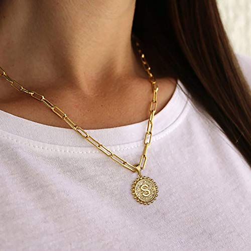 Dainty Layering Initial Necklaces for Women, 14K Gold Plated Coin Pendant Gold Necklaces for Women Gold Paperclip Chain A Initial Necklaces Gold Layered Necklaces for Women Simple Cute Gold Jewelry