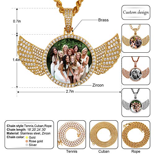 Personalized Photo Pendant Necklaces with Wings Angel Custom Picture Tennis Chain Memorial Golden Silver Rose Gold Jewelry Gift