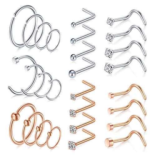 MODRSA 18G Stainless Steel Nose Rings Hoop L-Shaped Nose Rings Studs Screw Jeweled Tragus Cartilage Helix Rings Lip Septum Piercing Hoop Set 28pcs