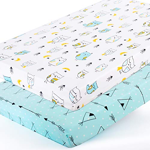 BROLEX Stretchy-Pack-n-Play-Playard-Sheets 2 Pack Portable Mini Crib Sheets,Convertible Playard Mattress Cover for Baby Boys Gilrs,Ultra Soft Jersey Knit,Arrow & Owl