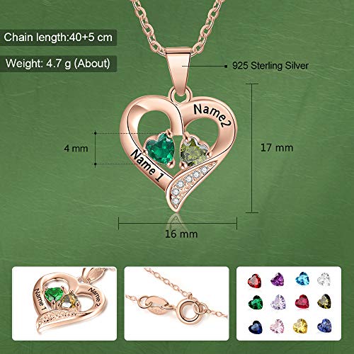 Love Jewelry Sterling Silver Personalized 2 Names Necklace with 2 Heart Simulated Birthstone Couple Pendant Necklace for Women (Rose Gold)