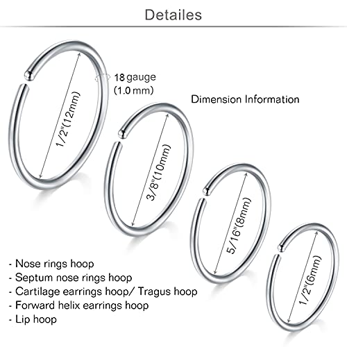 MODRSA 18G Stainless Steel Nose Rings Hoop L-Shaped Nose Rings Studs Screw Jeweled Tragus Cartilage Helix Rings Lip Septum Piercing Hoop Set 28pcs