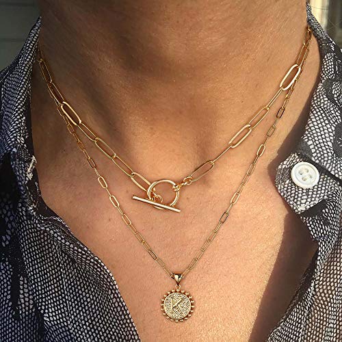Dainty Layering Initial Necklaces for Women, 14K Gold Plated Coin Pendant Gold Necklaces for Women Gold Paperclip Chain A Initial Necklaces Gold Layered Necklaces for Women Simple Cute Gold Jewelry