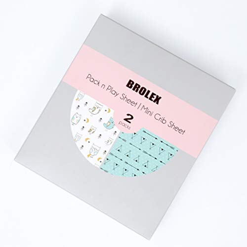 BROLEX Stretchy-Pack-n-Play-Playard-Sheets 2 Pack Portable Mini Crib Sheets,Convertible Playard Mattress Cover for Baby Boys Gilrs,Ultra Soft Jersey Knit,Arrow & Owl