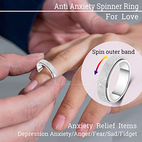Titanium Stainless Steel Anxiety Ring Fidget Spinner Ring for Women Men Size 8 Width 6MM Silver Sand Blasted Finished