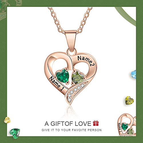 Love Jewelry Sterling Silver Personalized 2 Names Necklace with 2 Heart Simulated Birthstone Couple Pendant Necklace for Women (Rose Gold)