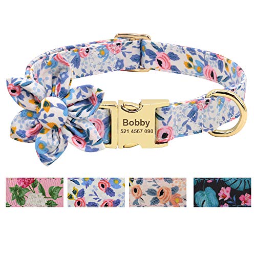 Beirui Custom Flower Girl Dog Collar for Female Dogs- Floral Pattern Engraved Pet Collars with Personalized Gold Buckle(Blue Pattern, S)