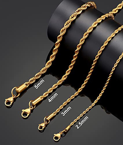 Giftall 3MM Rope Chain Necklace Stainless Steel Twist Rope Chain Necklace for Men Women 16 Inches 18K Real Gold Plated
