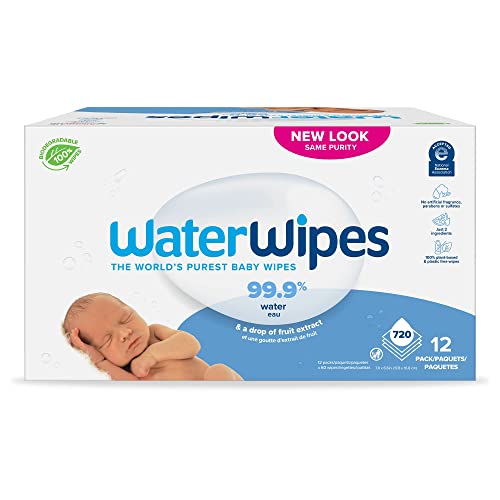 WaterWipes Biodegradable Original Baby Wipes, 99.9% Water Based Wipes, Unscented & Hypoallergenic for Sensitive Skin, 60 Count (Pack of 12)