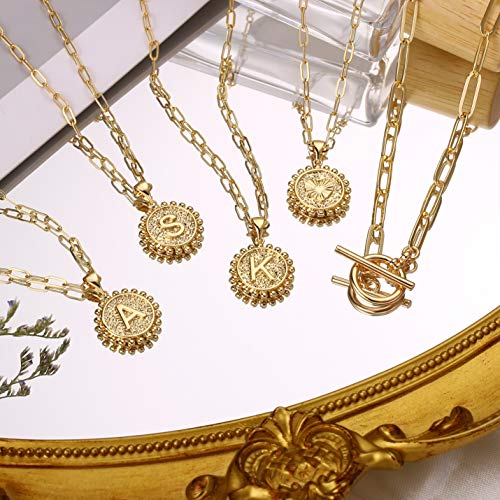Dainty Layering Initial Necklaces for Women, 14K Gold Plated Coin Pendant Gold Necklaces for Women Gold Paperclip Chain A Initial Necklaces Gold Layered Necklaces for Women Simple Cute Gold Jewelry