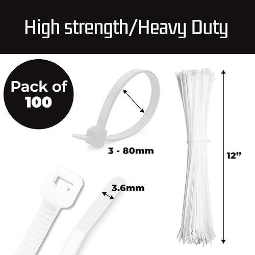 12" Inch Zip Ties White (100 Pack), 40lb Strength, Nylon Cable Wire Ties, By Bolt Dropper.
