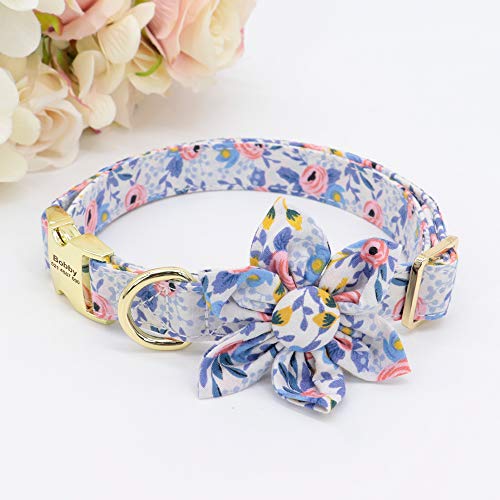 Beirui Custom Flower Girl Dog Collar for Female Dogs- Floral Pattern Engraved Pet Collars with Personalized Gold Buckle(Blue Pattern, S)