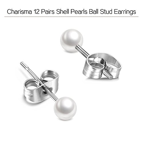 Charisma 4mm Composite Pearl Earrings Round Ball Pearls Stud Earrings Hypoallergenic 12 Pairs Imitation Pearl Earrings Set for Girls Women