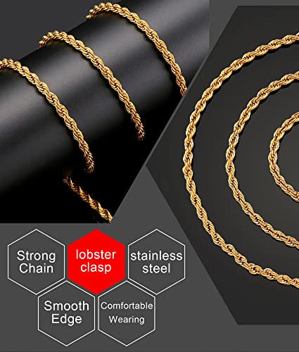 Giftall 3MM Rope Chain Necklace Stainless Steel Twist Rope Chain Necklace for Men Women 16 Inches 18K Real Gold Plated