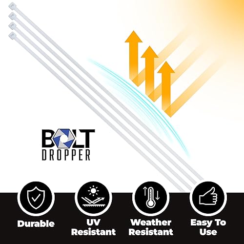 12" Inch Zip Ties White (100 Pack), 40lb Strength, Nylon Cable Wire Ties, By Bolt Dropper.