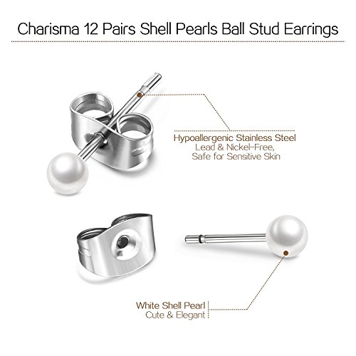 Charisma 4mm Composite Pearl Earrings Round Ball Pearls Stud Earrings Hypoallergenic 12 Pairs Imitation Pearl Earrings Set for Girls Women