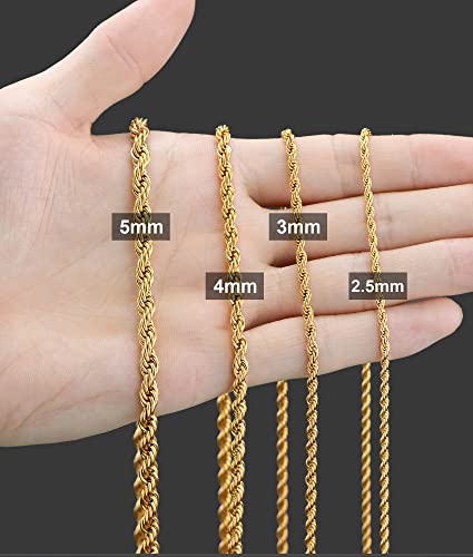 Giftall 3MM Rope Chain Necklace Stainless Steel Twist Rope Chain Necklace for Men Women 16 Inches 18K Real Gold Plated