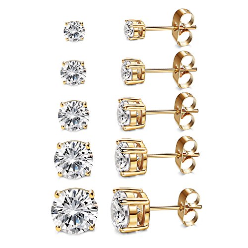 Kainier Women's 5 Pairs 14K Gold Plated CZ Stud Earrings Simulated Diamond Round Cubic Zirconia Hypoallergenic Ear Stud Setï¼5 Pairs)